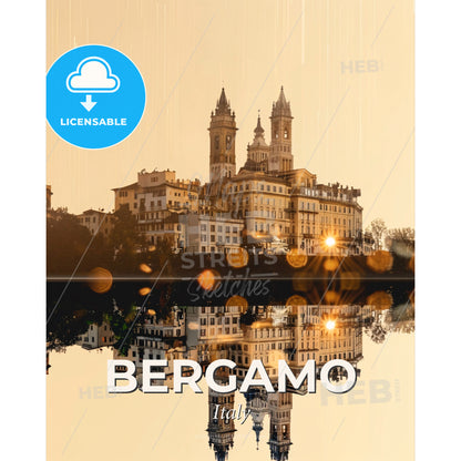 Bergamo City Icons on Beige Sparkly Skyline - A building with towers and a body of water - Square format print template