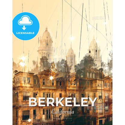Berkeley City Lights Double Exposure Skyline Poster - A building with towers and trees - Square format print template