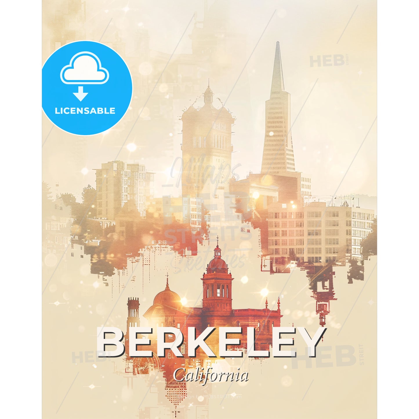Berkeley City Skyline Pastel Sunset Canvas Decor - A cityscape with buildings and lights - Square format print template