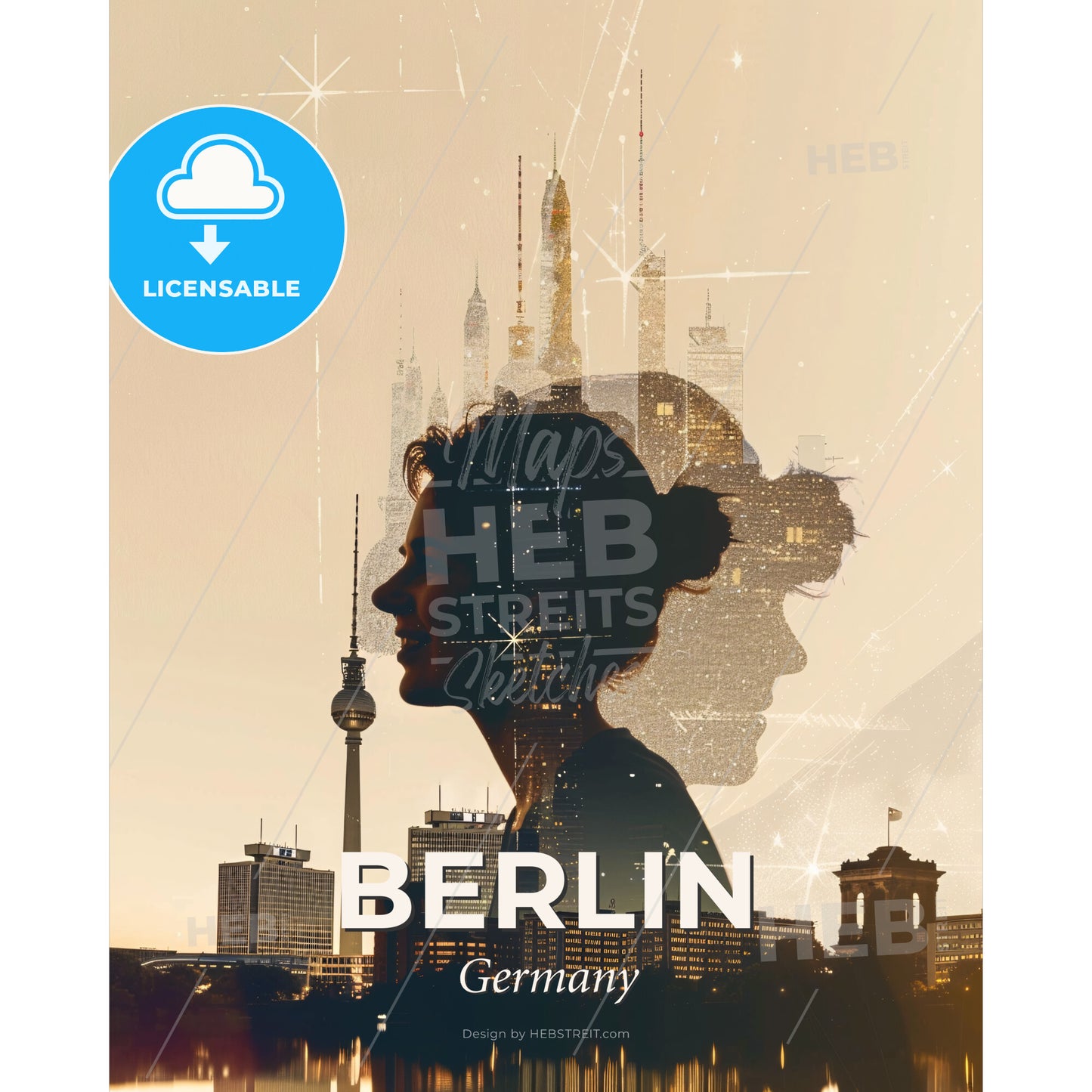 Berlin Skyline Silhouette Composite Paper Background - A woman's profile with a city skyline behind her - Square format print template
