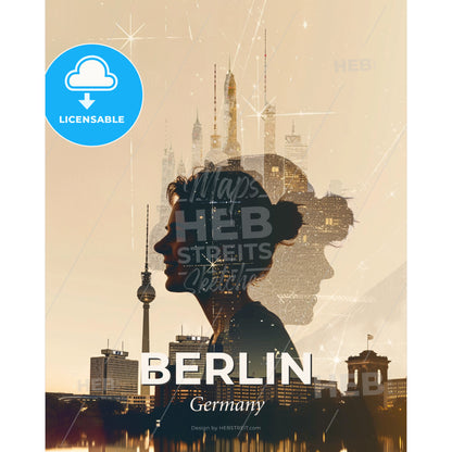 Berlin Skyline Silhouette Composite Paper Background - A woman's profile with a city skyline behind her - Square format print template