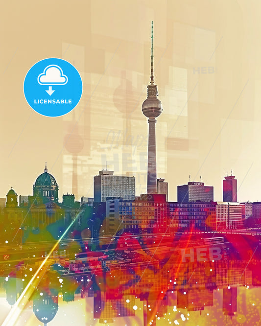 Berlin City Skyline Artwork Poster - A city skyline with a tall tower