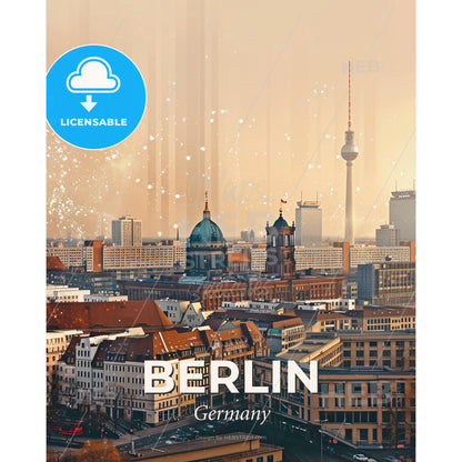 Berlin City Skyline Double Exposure Poster Art - A city with many buildings and a tower - Square format print template
