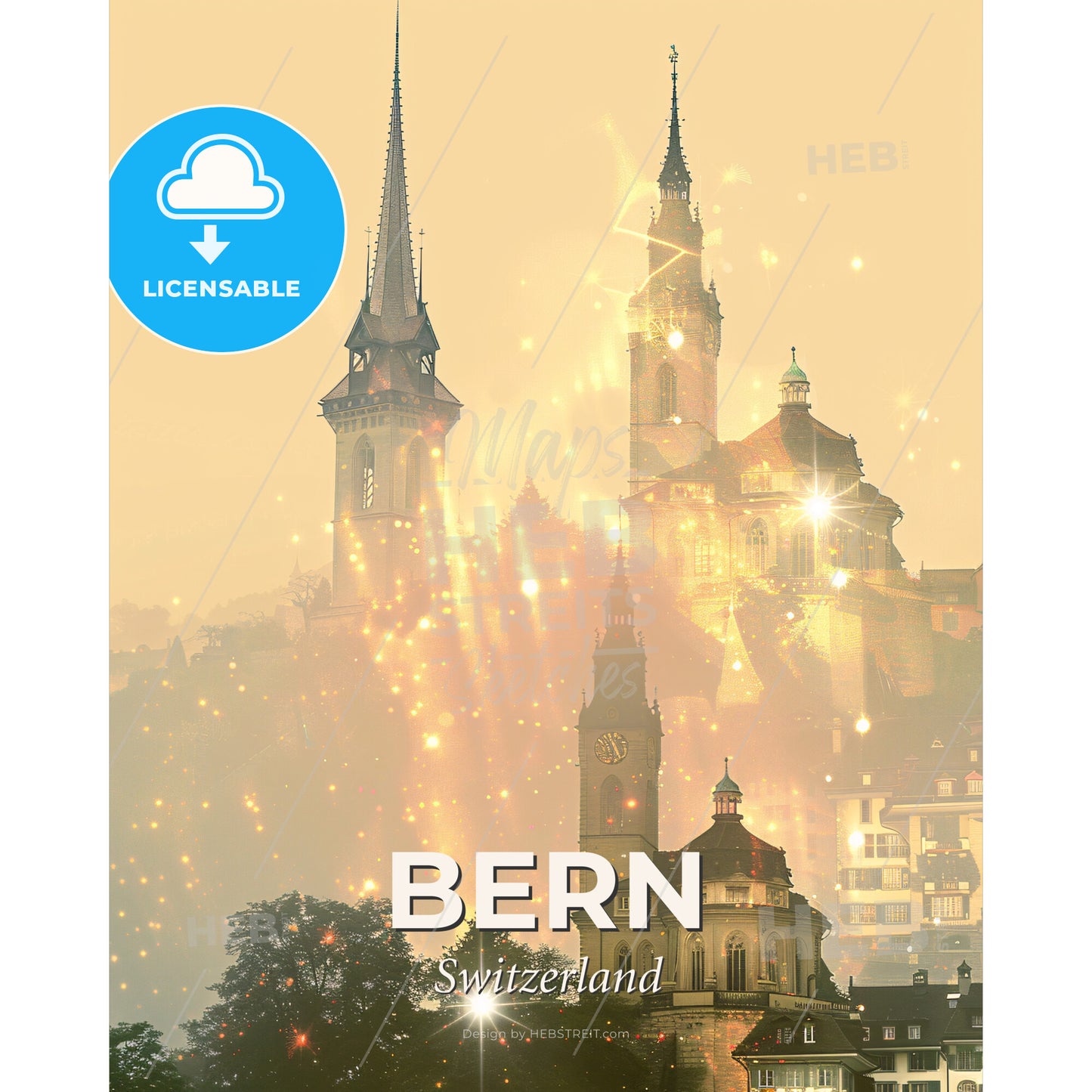 Bern City Skyline Multilayered Glow Poster Art - A group of buildings with towers and lights - Square format print template