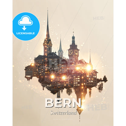 Bern Skyline Composite Artwork with Local Icons - A city on a floating island - Square format print template