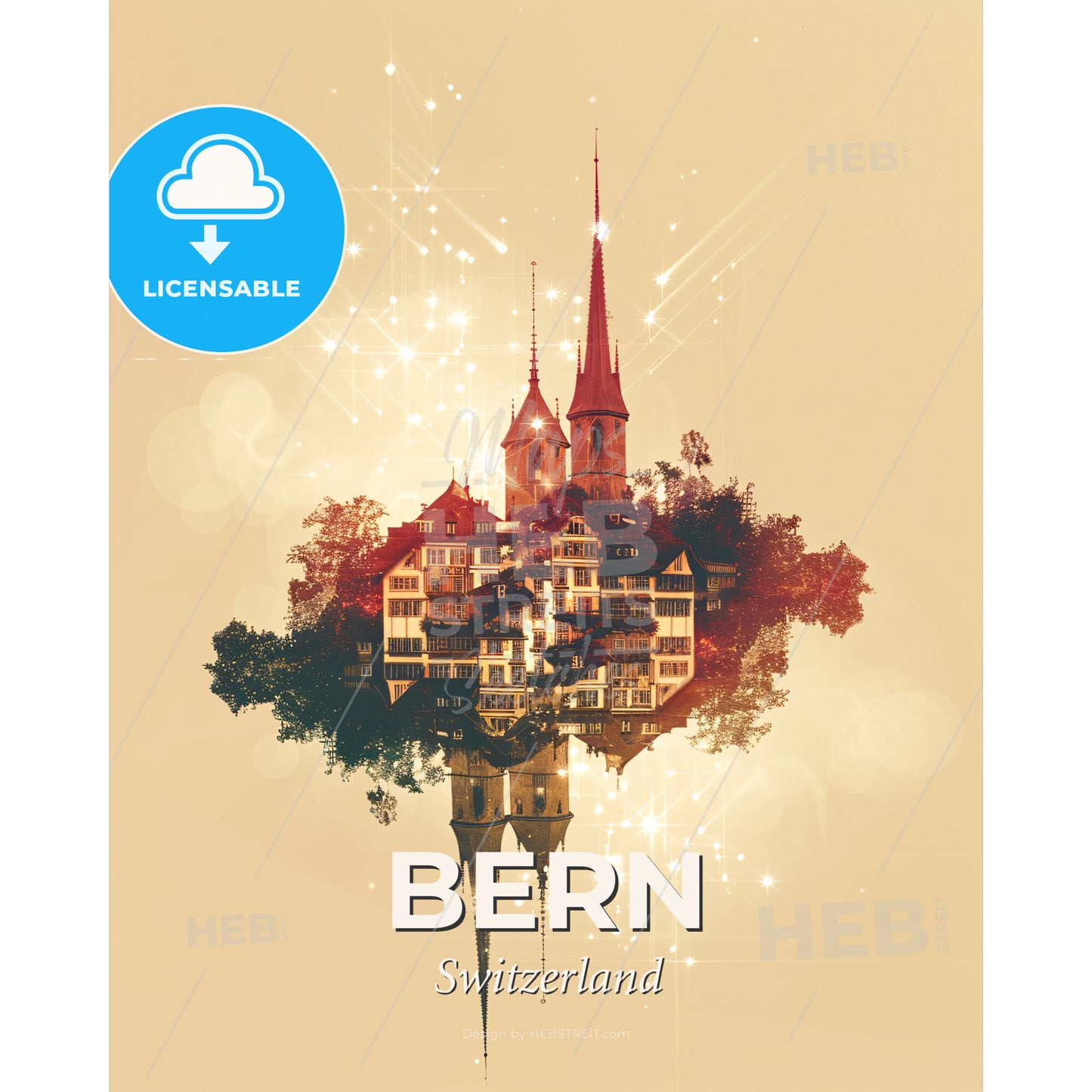 Bern Cityscape Composite Art Skyline Poster - A building with towers and trees - Square format print template
