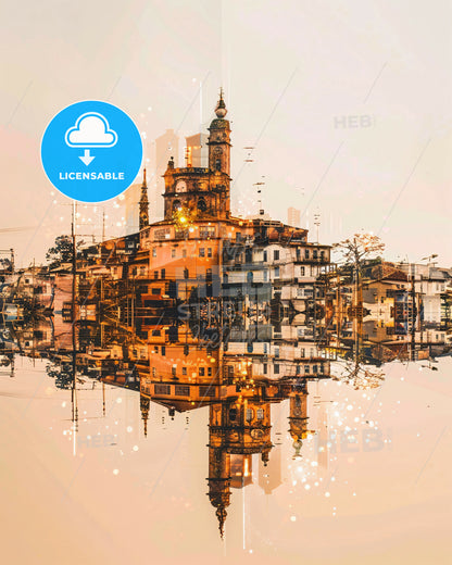 Betim Skyline Bright Beige Sparkle Poster - A city with buildings reflected in water