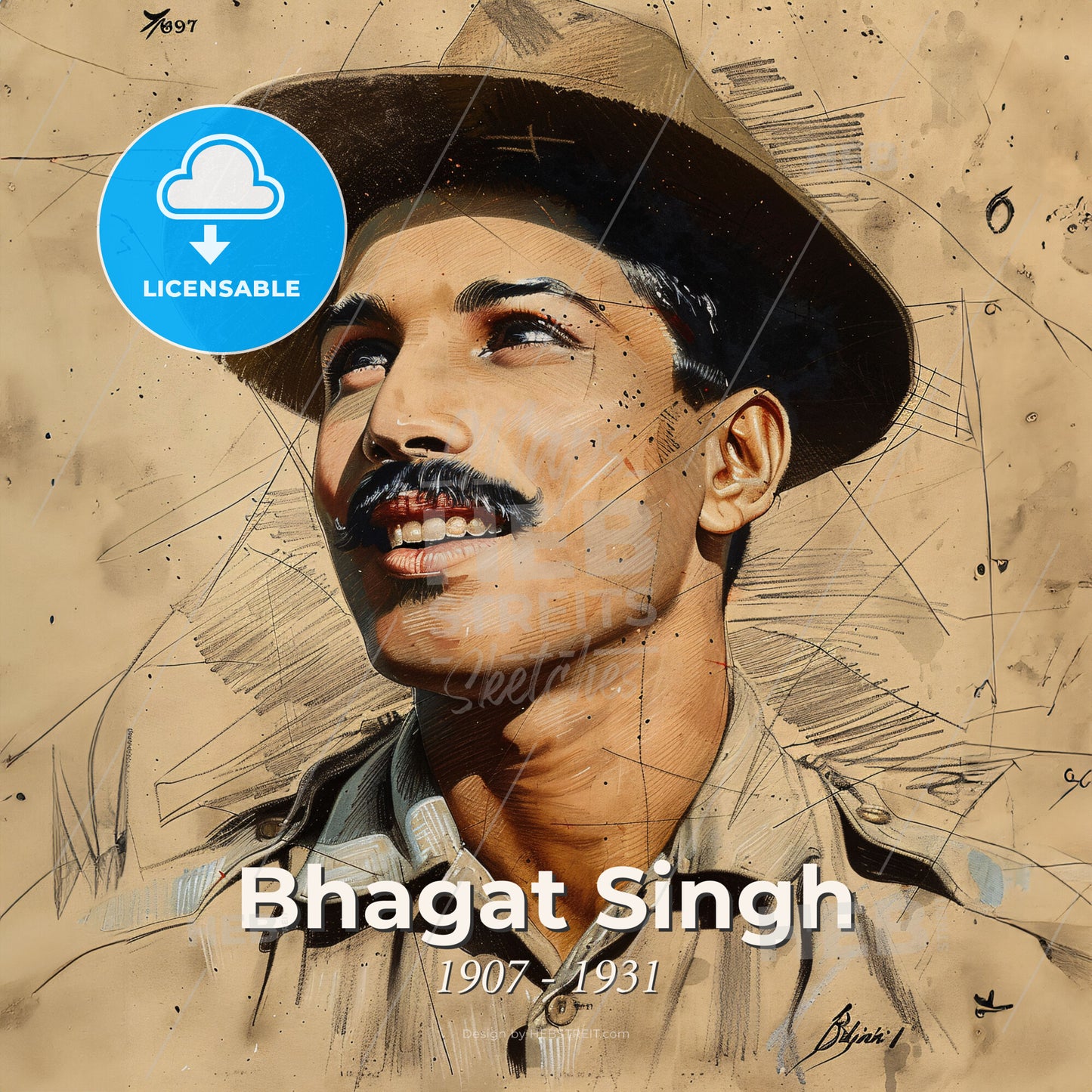 Bhagat Singh, 1907 - 1931, Indian revolutionary - A Man With A Mustache Wearing A Hat Print Template