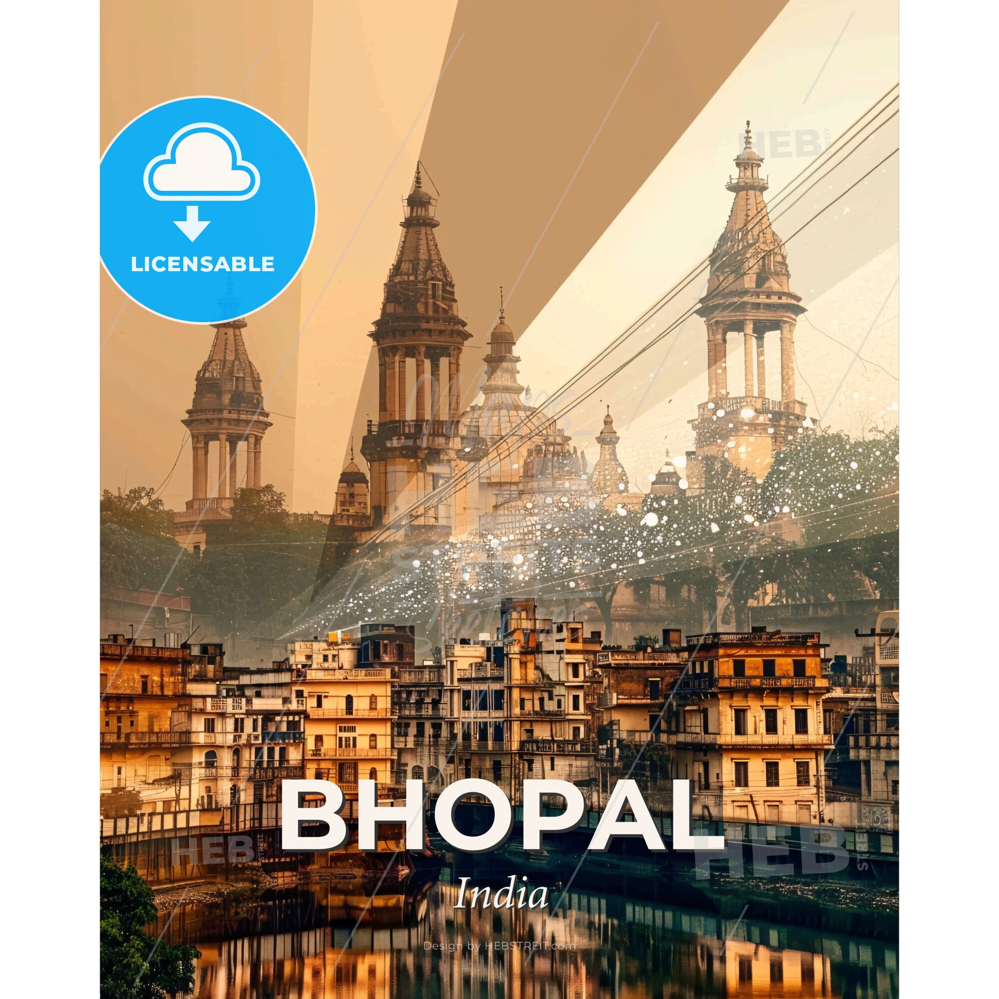 Bhopal: City Icons Skyline Double Exposure - A city with towers and a river - Square format print template