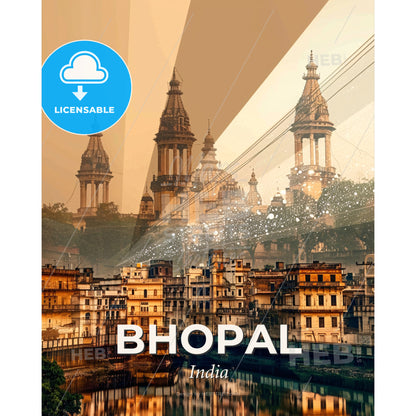 Bhopal: City Icons Skyline Double Exposure - A city with towers and a river - Square format print template