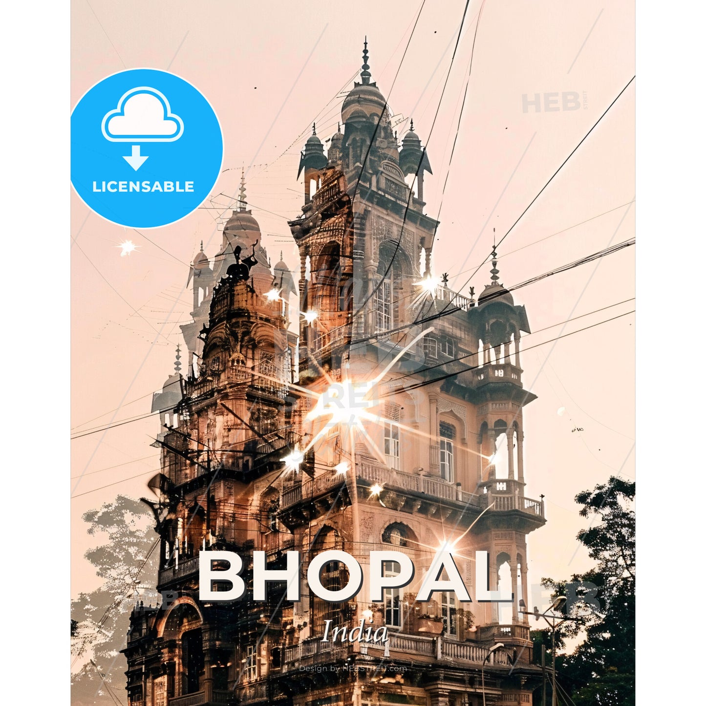 Bhopal: City Icons Silhouette Art Poster - A building with many towers and a few lights - Square format print template