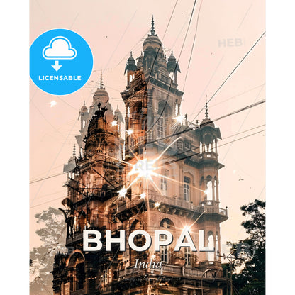 Bhopal: City Icons Silhouette Art Poster - A building with many towers and a few lights - Square format print template