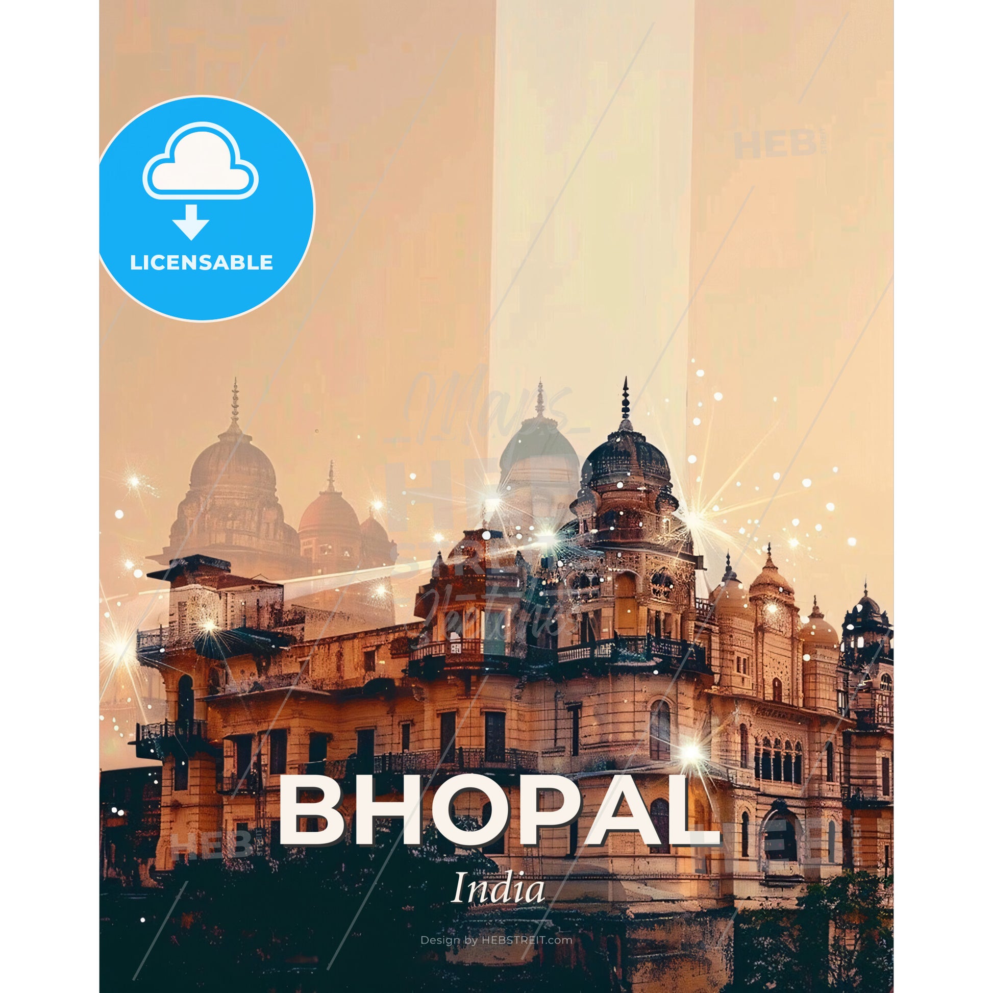 Bhopal Skyline Double Exposure Art Panorama - Akshardham with many domes and lights - Square format print template