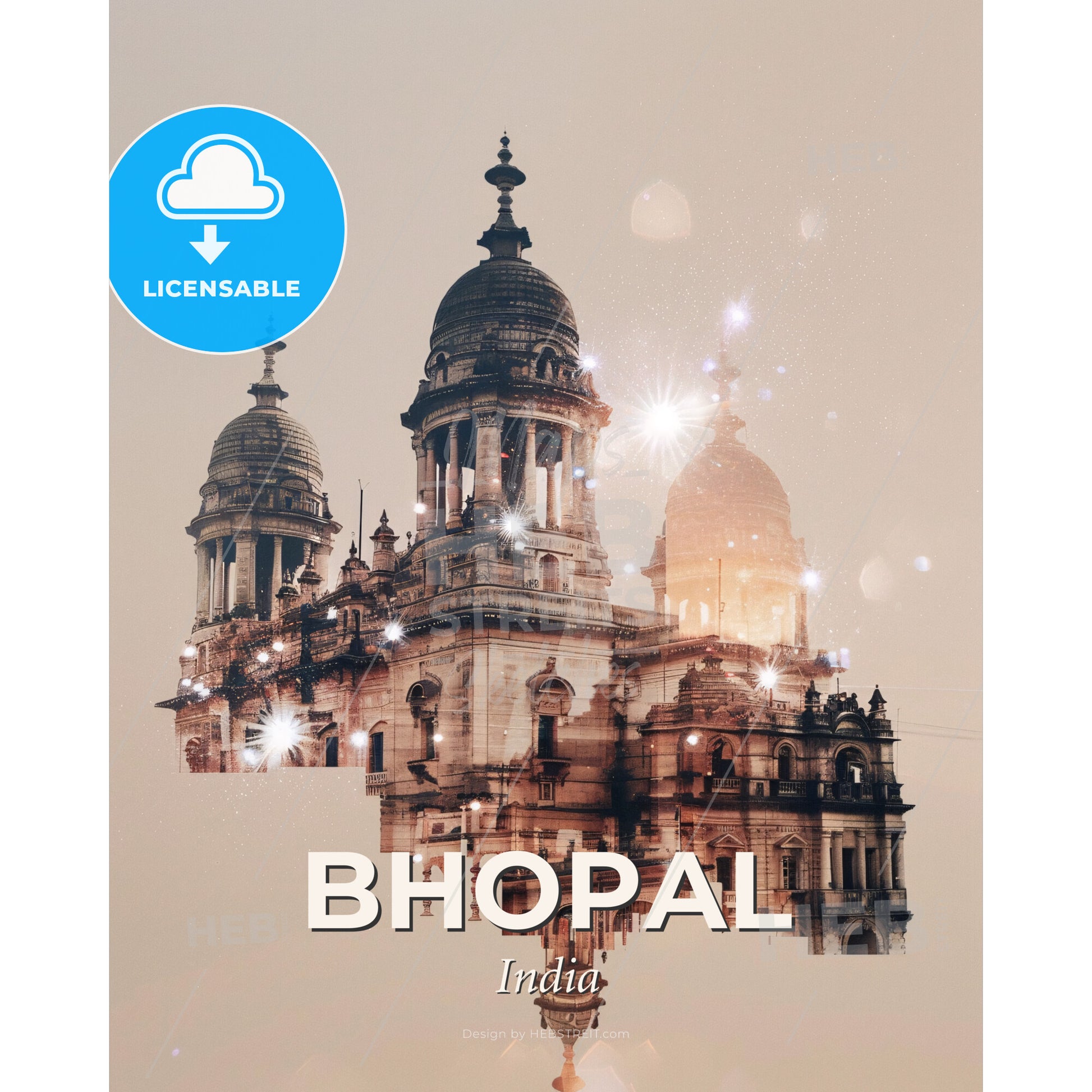 Bhopal Cityscape Double Exposure Skyline Artwork - A building with towers and domes - Square format print template