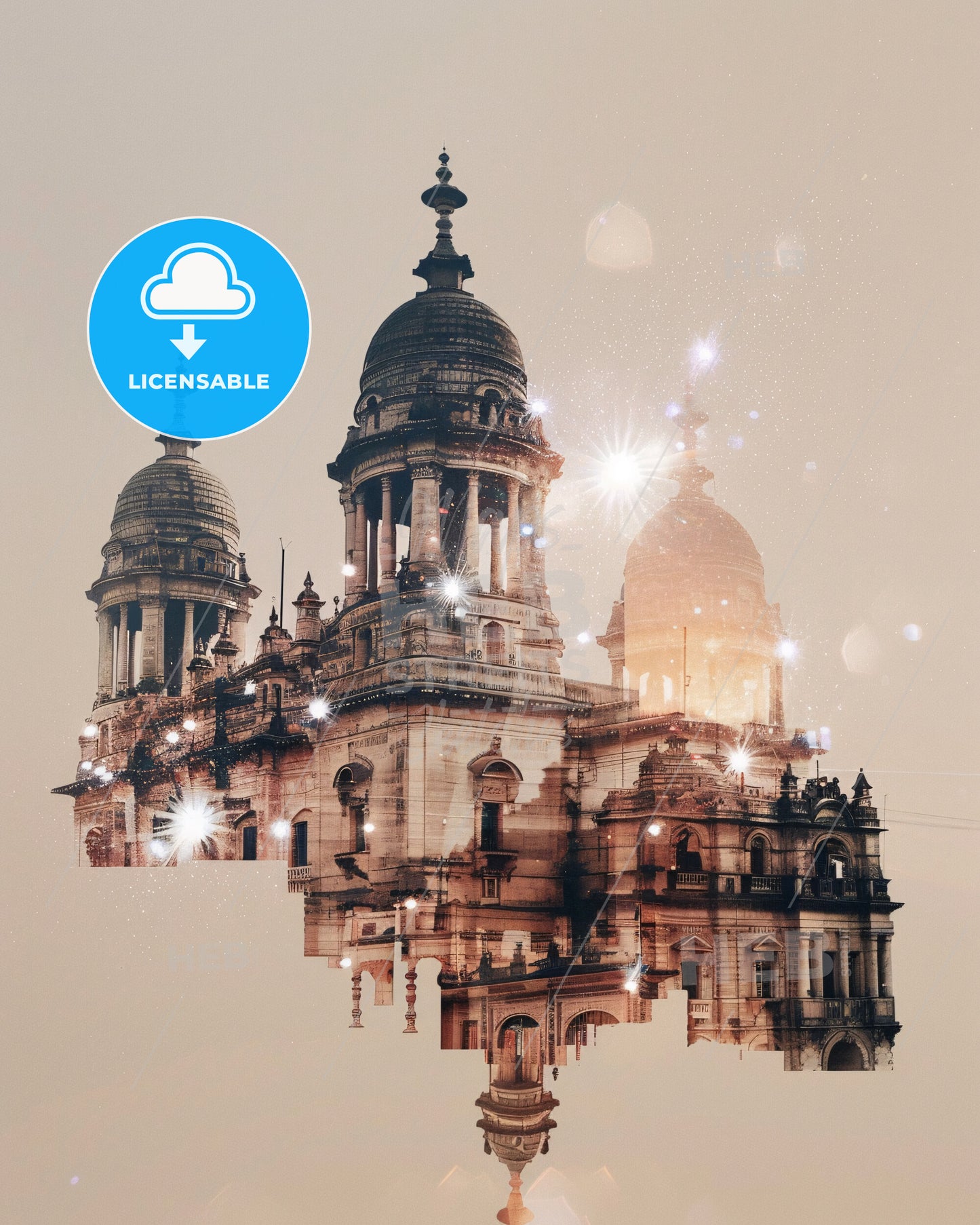 Bhopal Cityscape Double Exposure Skyline Artwork - A building with towers and domes