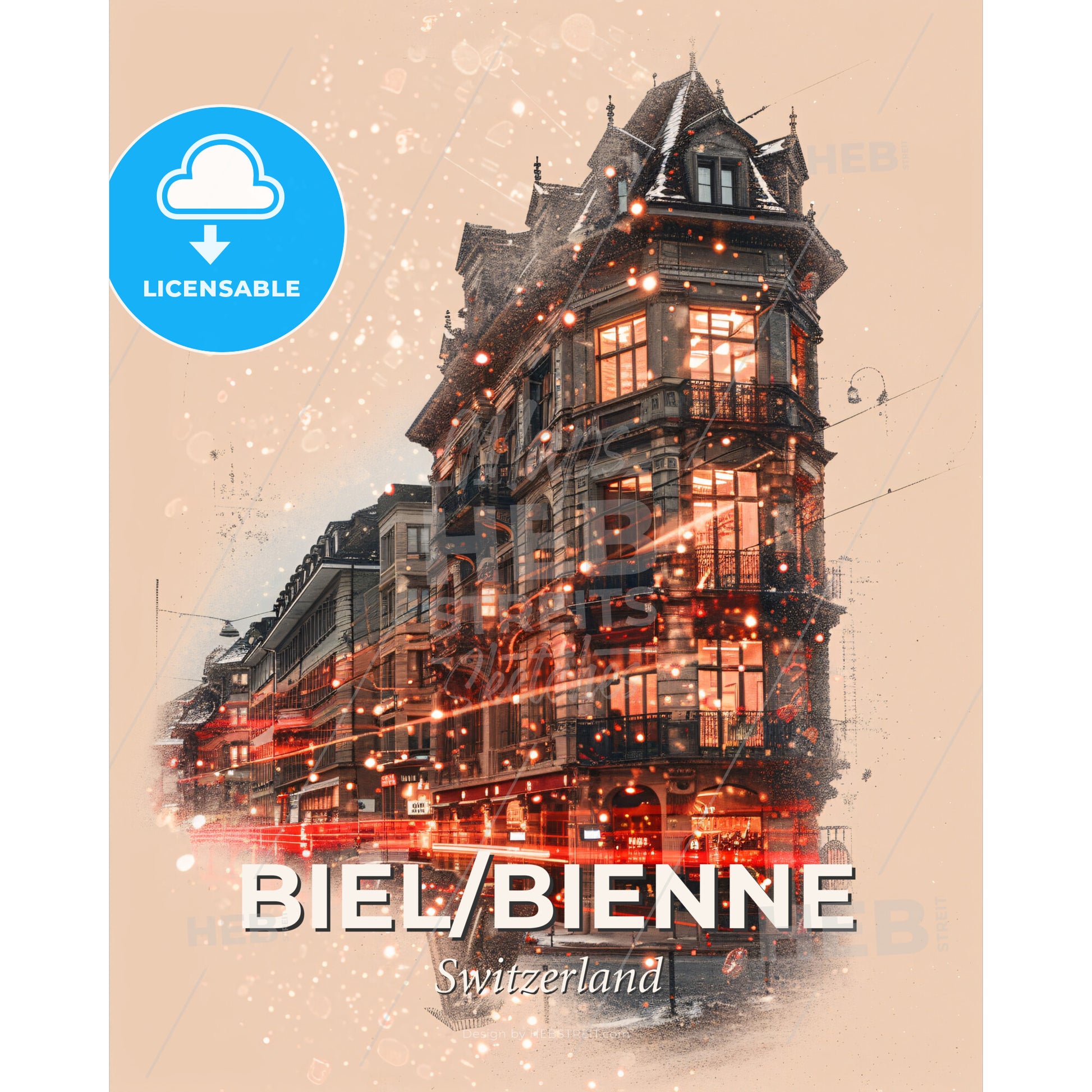 Biel/Bienne City Skyline Artwork: Swiss Architectural Elegance - A building with lights on it - Square format print template