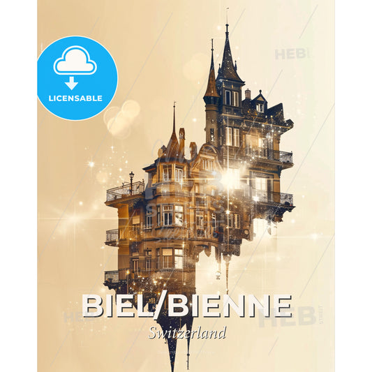 Biel/Bienne Skyline: Double Exposure City Art - A building with towers and windows - Square format print template