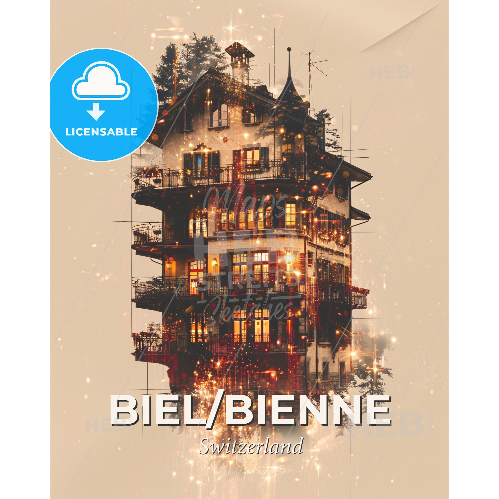 Biel/Bienne Skyline Composite Art Poster - A building with many windows and a tree - Square format print template