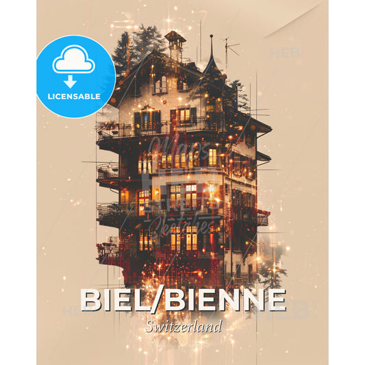 Biel/Bienne Skyline Composite Art Poster - A building with many windows and a tree - Square format print template