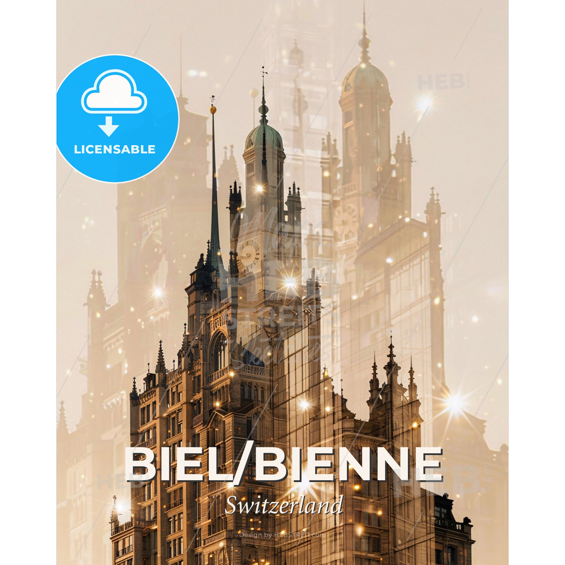 Biel/Bienne: City Skyline Composite Art on Beige - A double exposure of a building - Square format print template