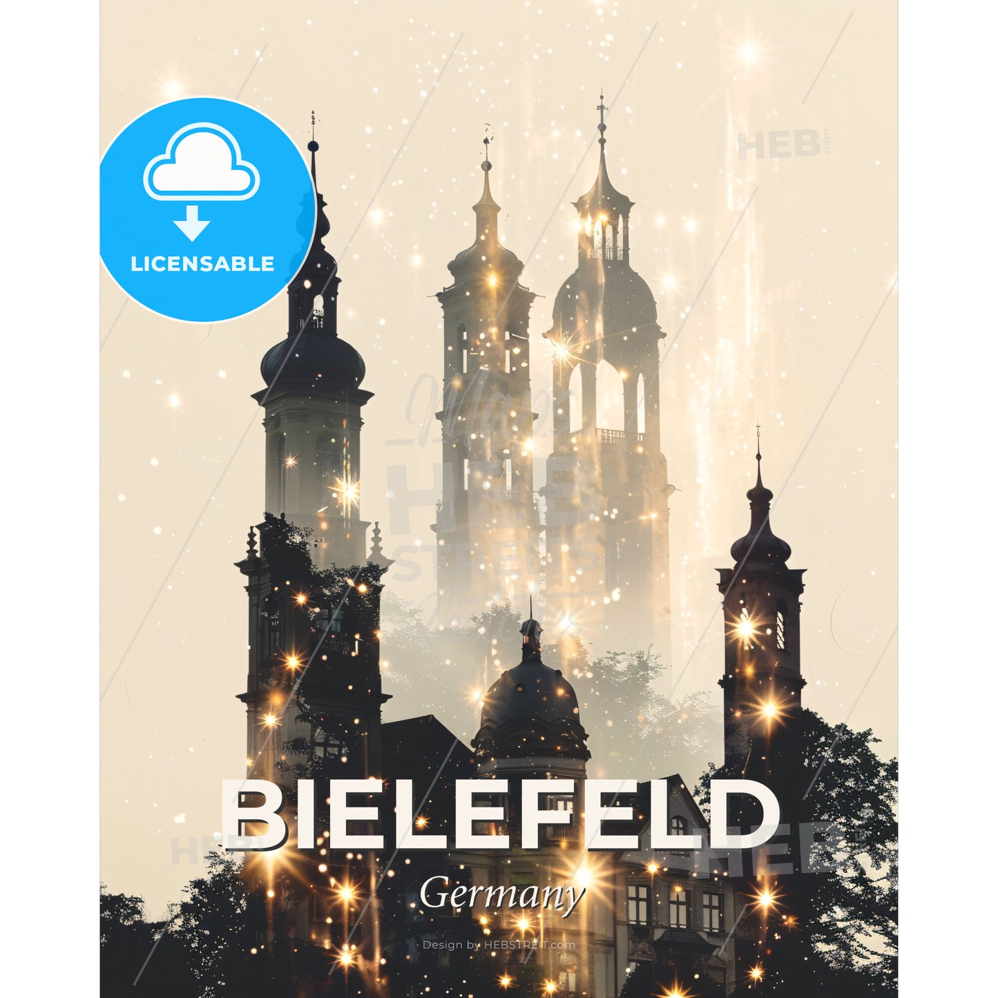 Bielefeld Skyline Poster Art -Beige Silhouette Sparkles - A building with towers and lights - Square format print template
