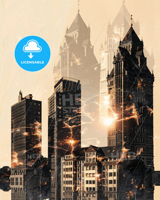 Bielefeld Cityscape Skyline Poster Art Beige Background - A city with many tall buildings