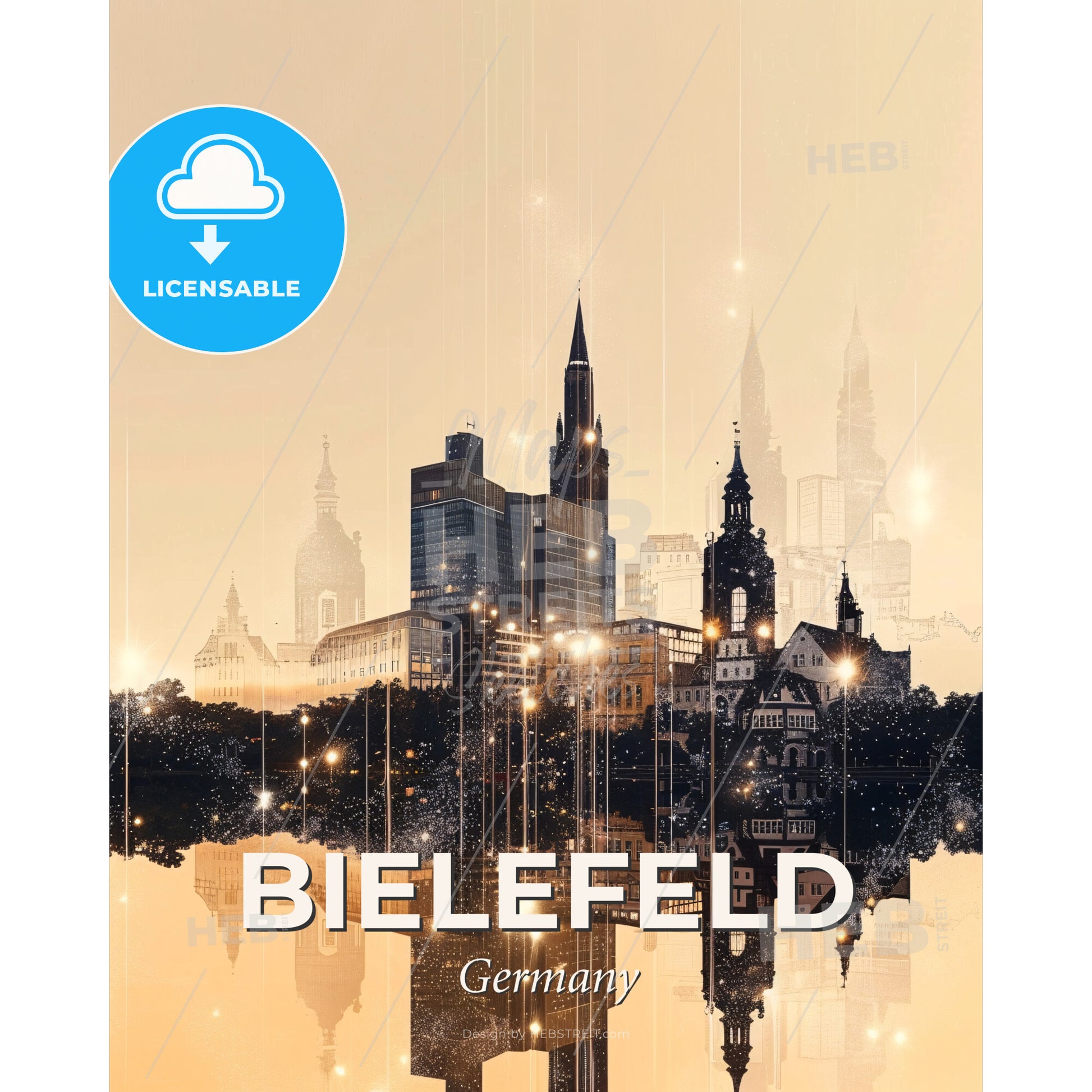 Bielefeld: Skyline silhouette artwork with sparkles - A city with many buildings and lights - Square format print template