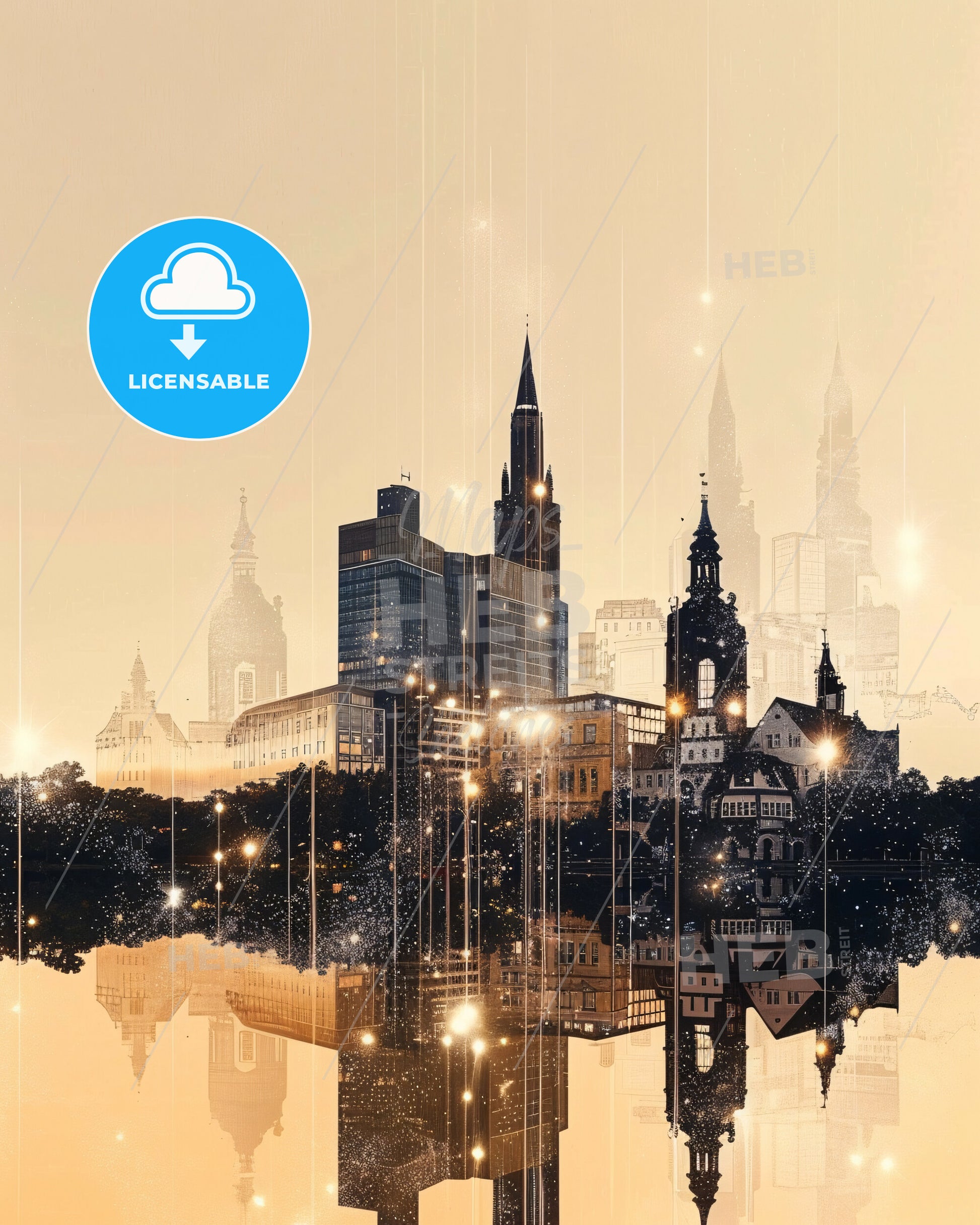 Bielefeld: Skyline silhouette artwork with sparkles - A city with many buildings and lights