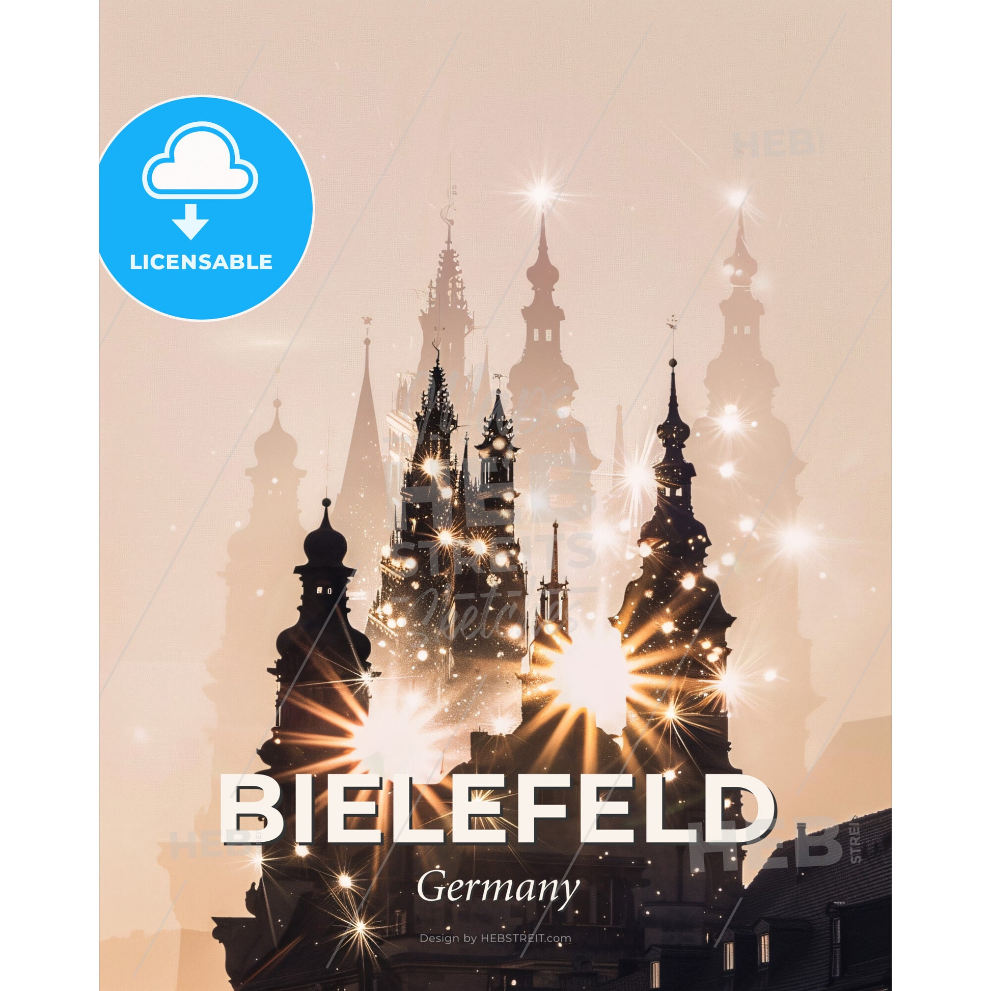 Bielefeld Skyline Double Exposure Composite Art - A silhouette of a castle with bright lights - Square format print template