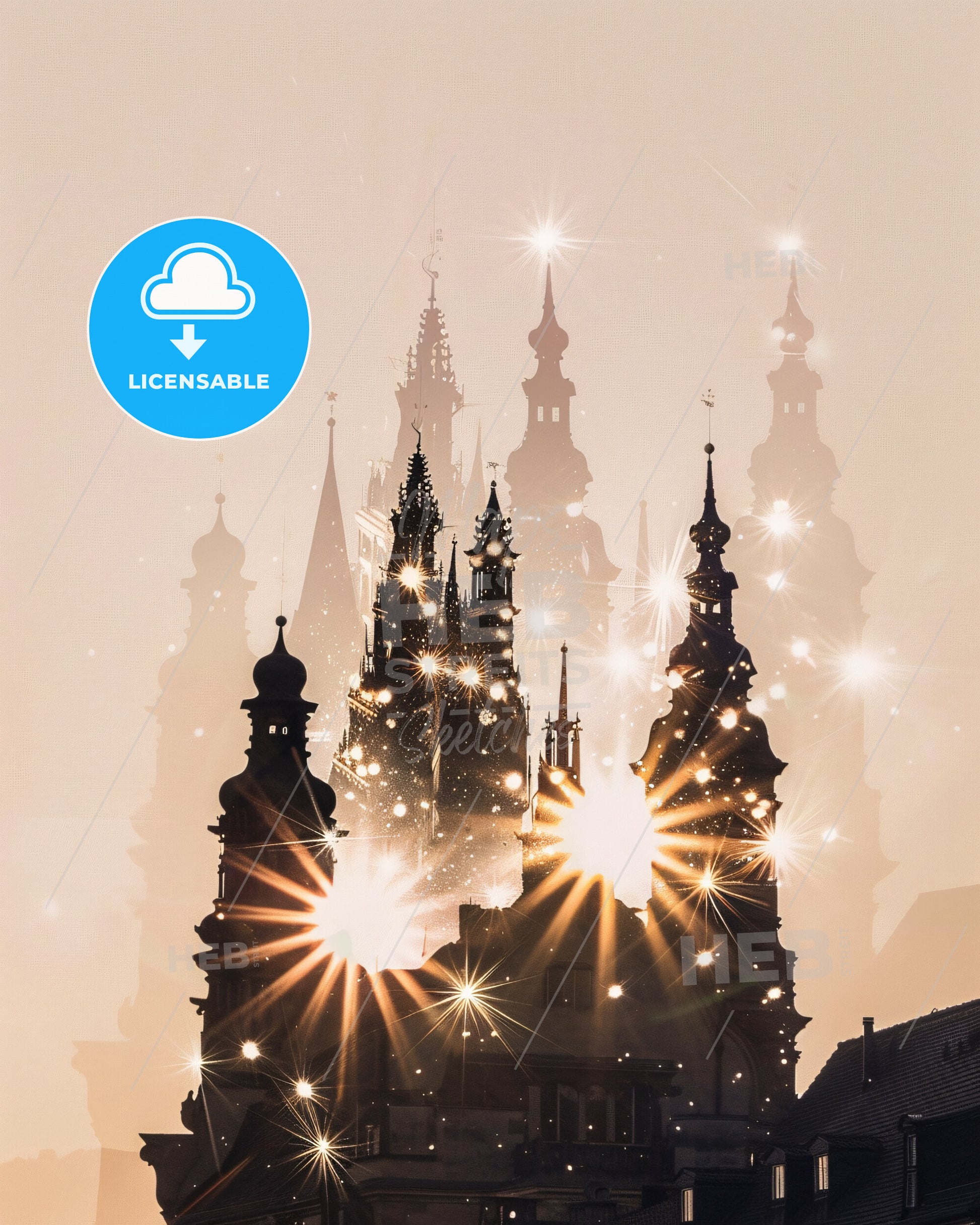 Bielefeld Skyline Double Exposure Composite Art - A silhouette of a castle with bright lights