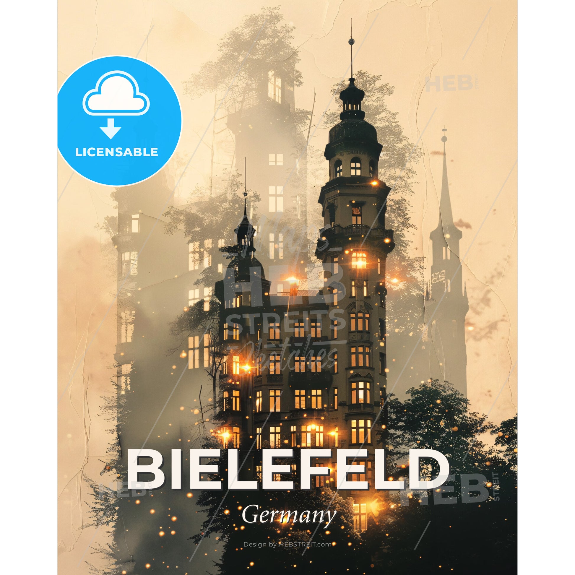 Bielefeld City Skyline Double Exposure Poster Art - A building with many windows and a tower with trees and fog - Square format print template