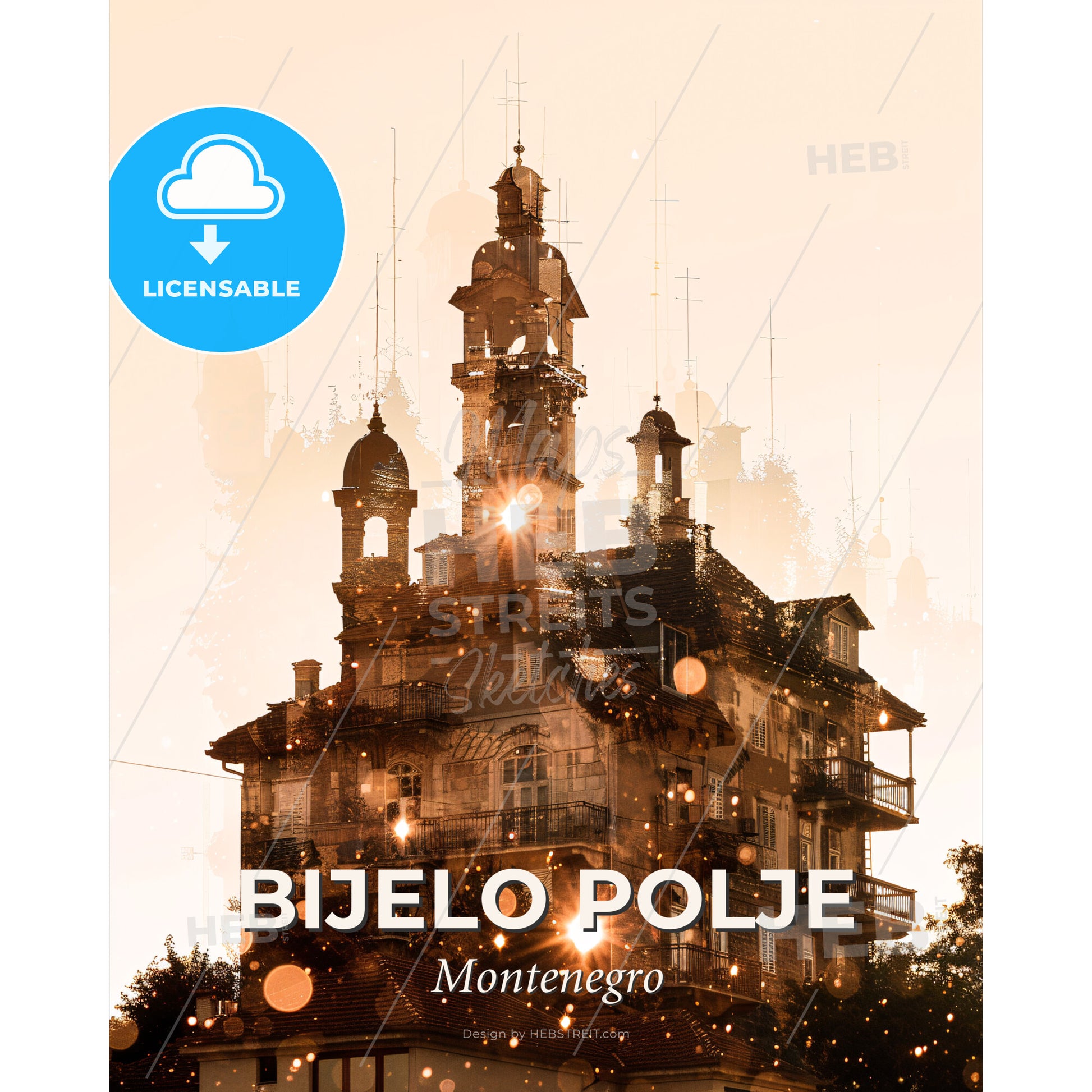 Bijelo Polje City Skyline Compsite Art Poster - A building with a tower - Square format print template