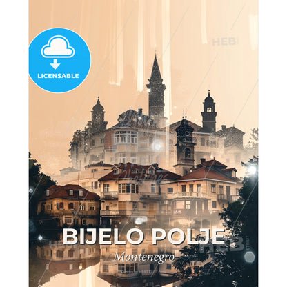 Bijelo Polje Skyline Art: City and Architecture Symphony - A large building with towers and a body of water - Square format print template