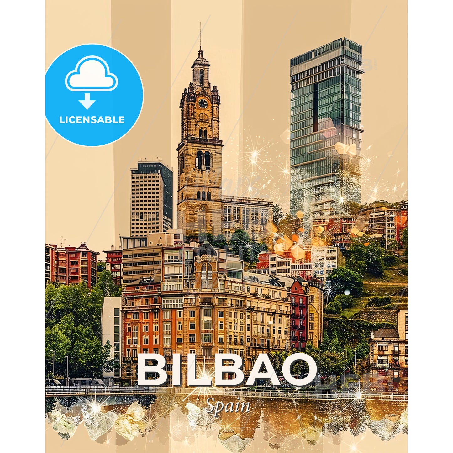 Bilbao City Skyline Architectural Art Deco Poster - A city with a clock tower and buildings - Square format print template