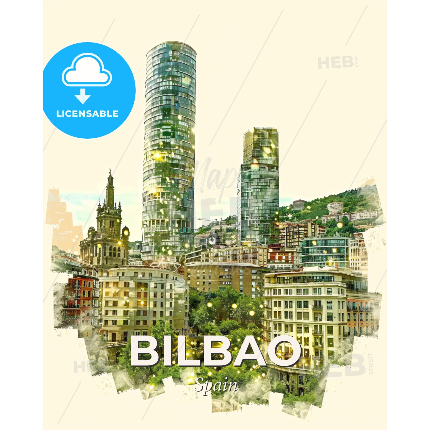 Bilbao, Spain Architecture Skyline Double Exposure Art - A city with tall buildings - Square format print template
