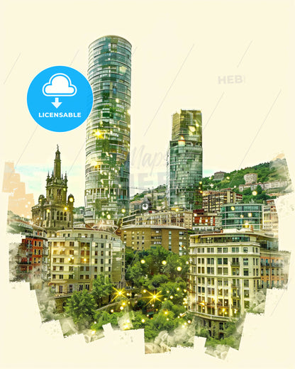 Bilbao, Spain Architecture Skyline Double Exposure Art - A city with tall buildings