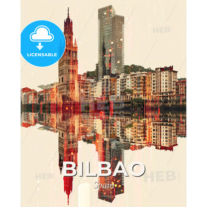 Bilbao Skyline Double Exposure Composite Art Poster - A city with a tall building reflected in water - Square format print template