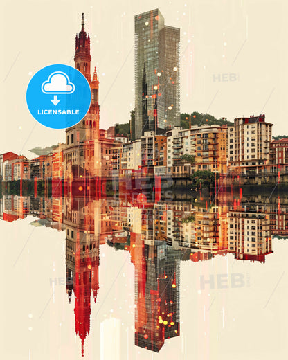 Bilbao Skyline Double Exposure Composite Art Poster - A city with a tall building reflected in water