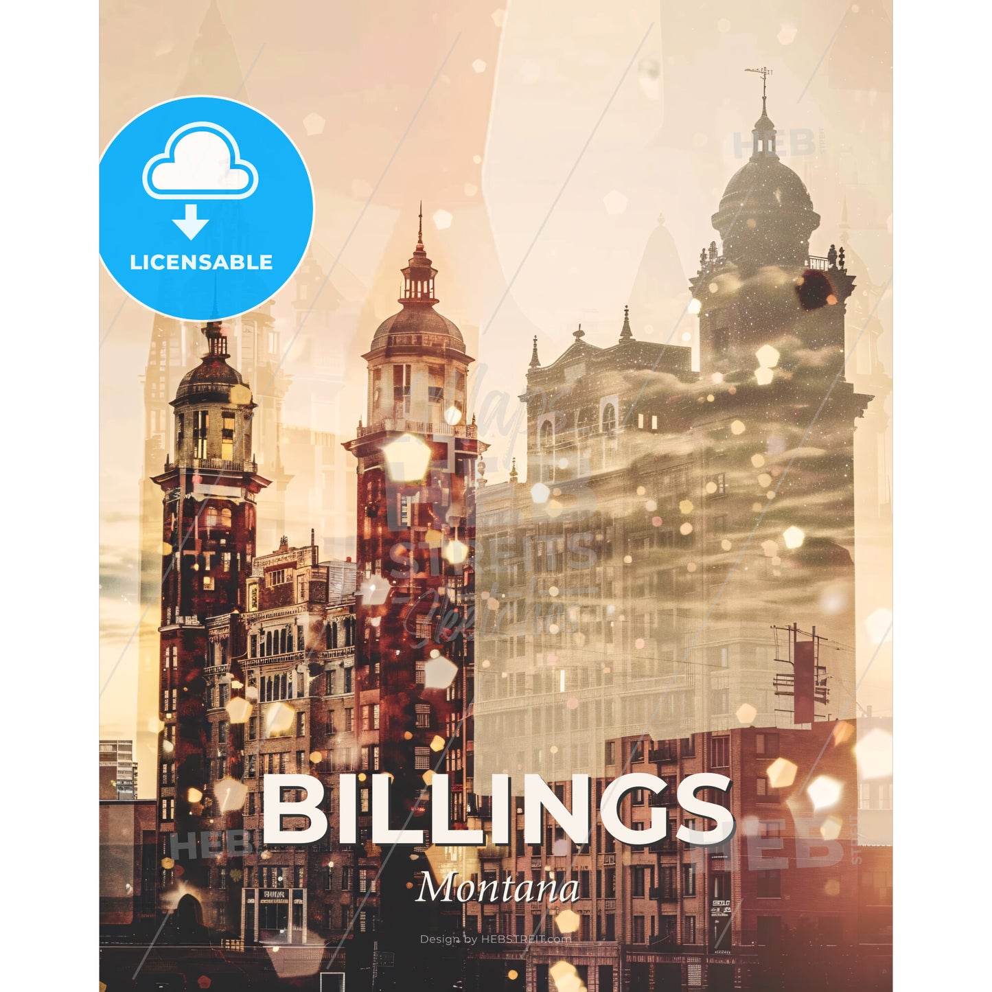 Billings, Montana City Skyline Poster with Icons and Sparkles - A city skyline with many tall buildings - Square format print template