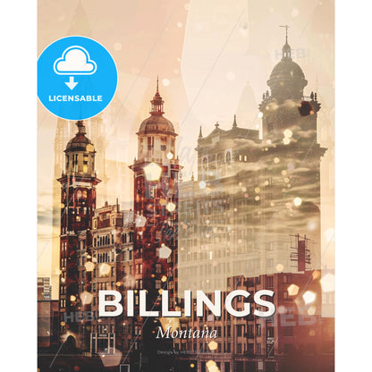 Billings, Montana City Skyline Poster with Icons and Sparkles - A city skyline with many tall buildings - Square format print template