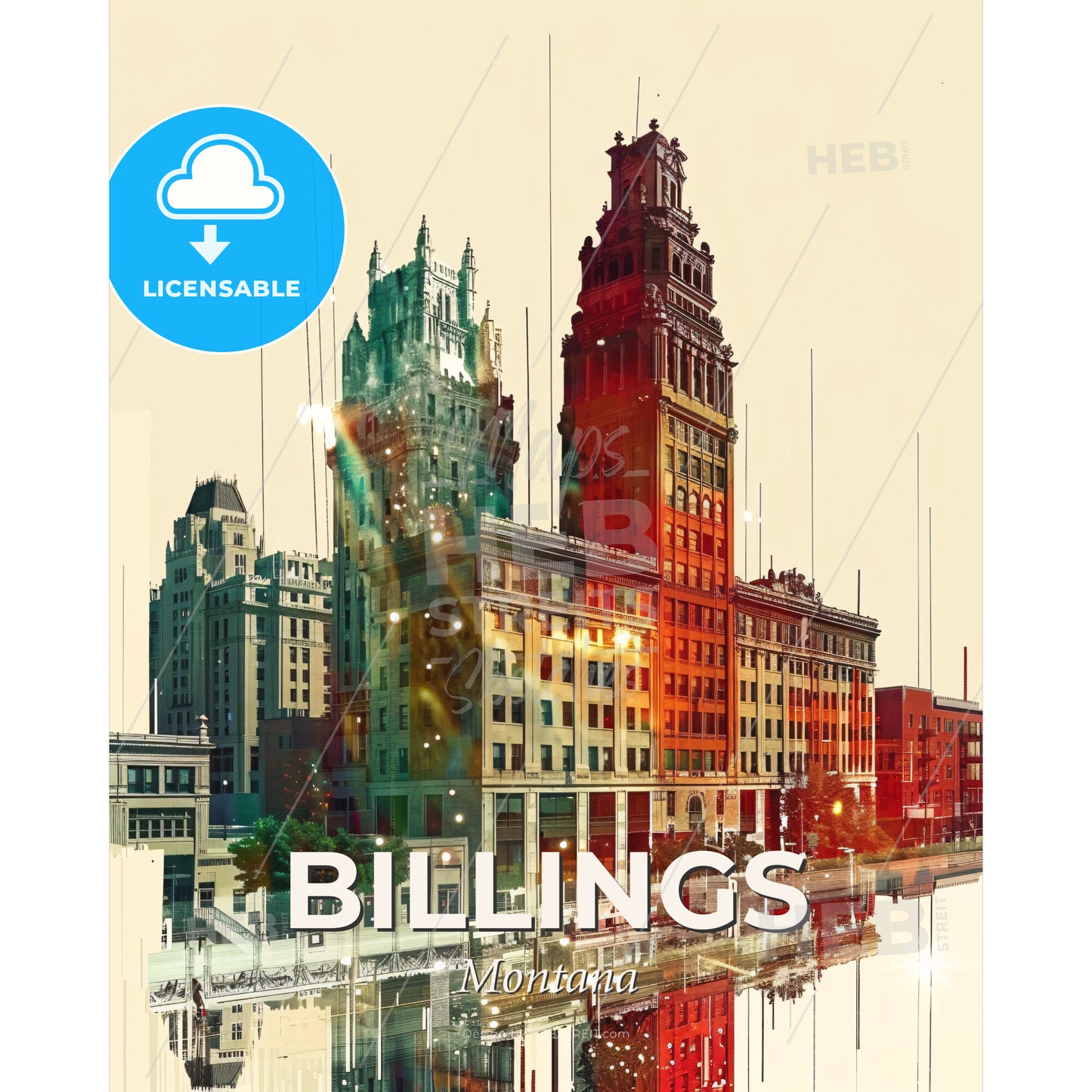 Billings Skyline Poster: Iconic Cityscape Art - A building with towers and a street in the background - Square format print template