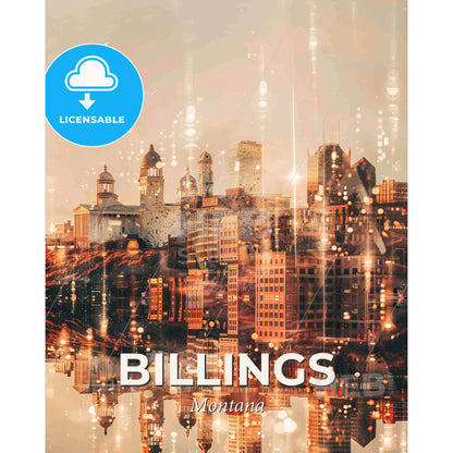 Billings Cityscape Double Exposure - A city skyline with many buildings and a body of water - Square format print template