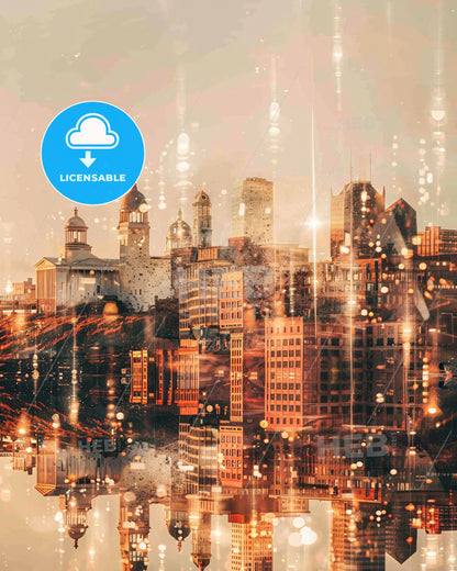 Billings Cityscape Double Exposure - A city skyline with many buildings and a body of water