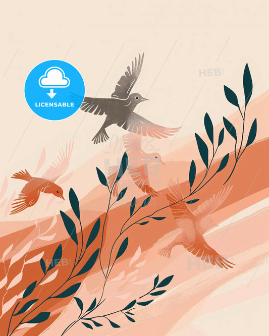 Beige Landscape with Birds in Flight - A group of birds flying over plants