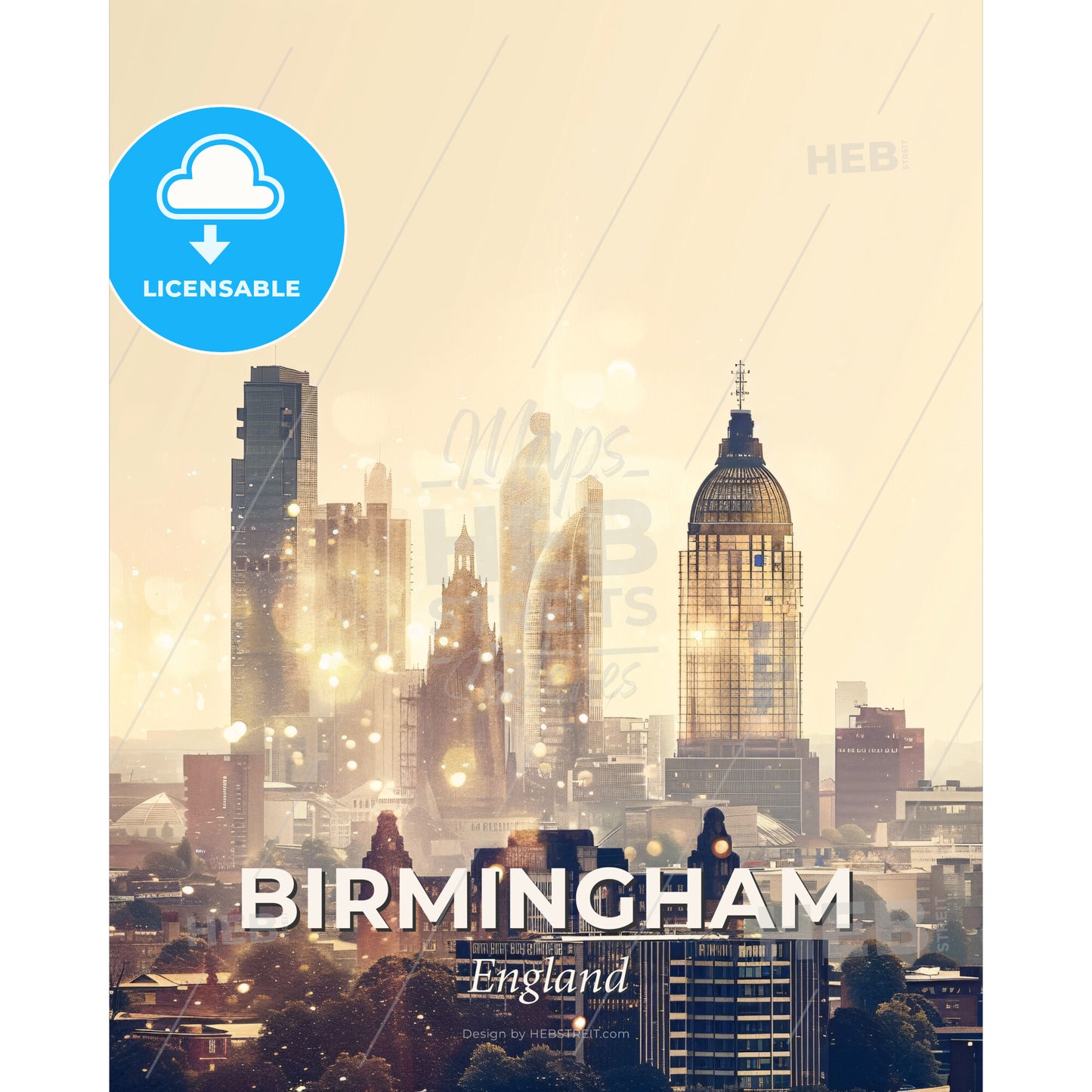 Birmingham City Skyline Composite Poster Art - A city skyline with many tall buildings - Square format print template