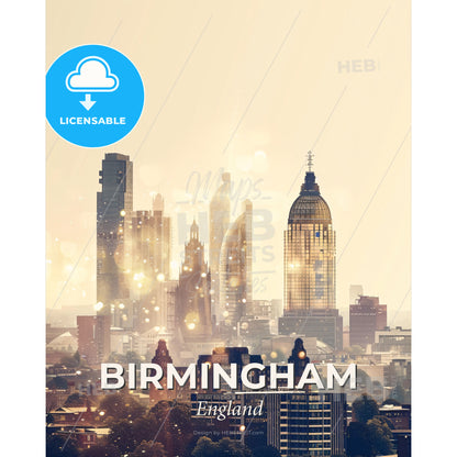 Birmingham City Skyline Composite Poster Art - A city skyline with many tall buildings - Square format print template