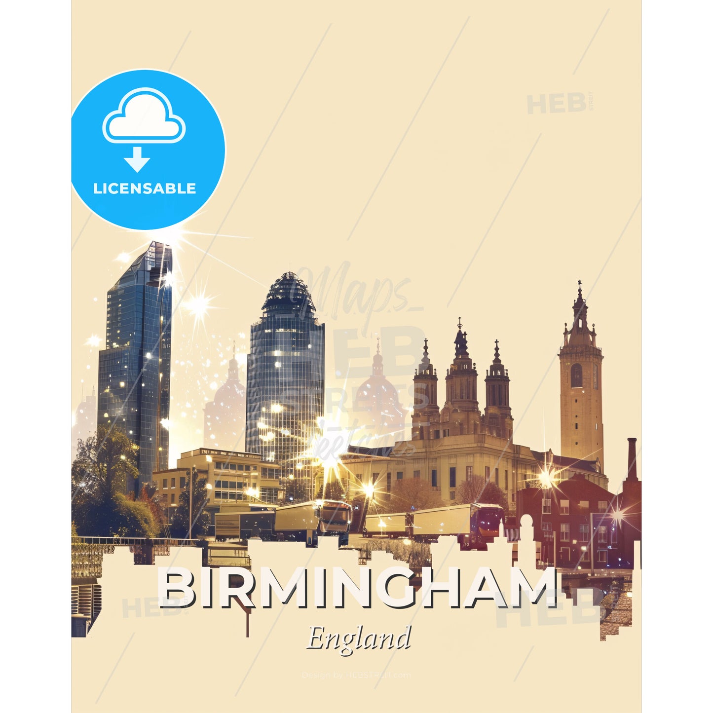 Birmingham City Skyline Icon Composite Art Poster - A city skyline with many buildings and a bridge - Square format print template