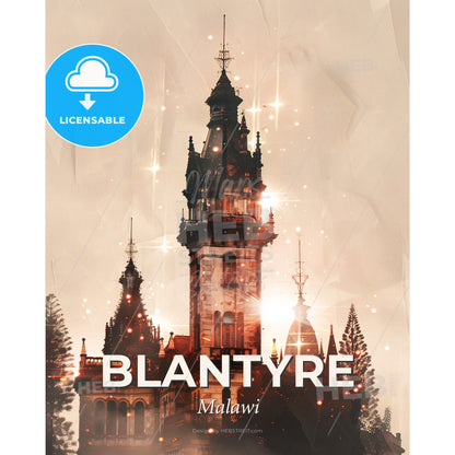 Blantyre City Skyline Art Poster with Local Icons - A building with a tower and trees - Square format print template