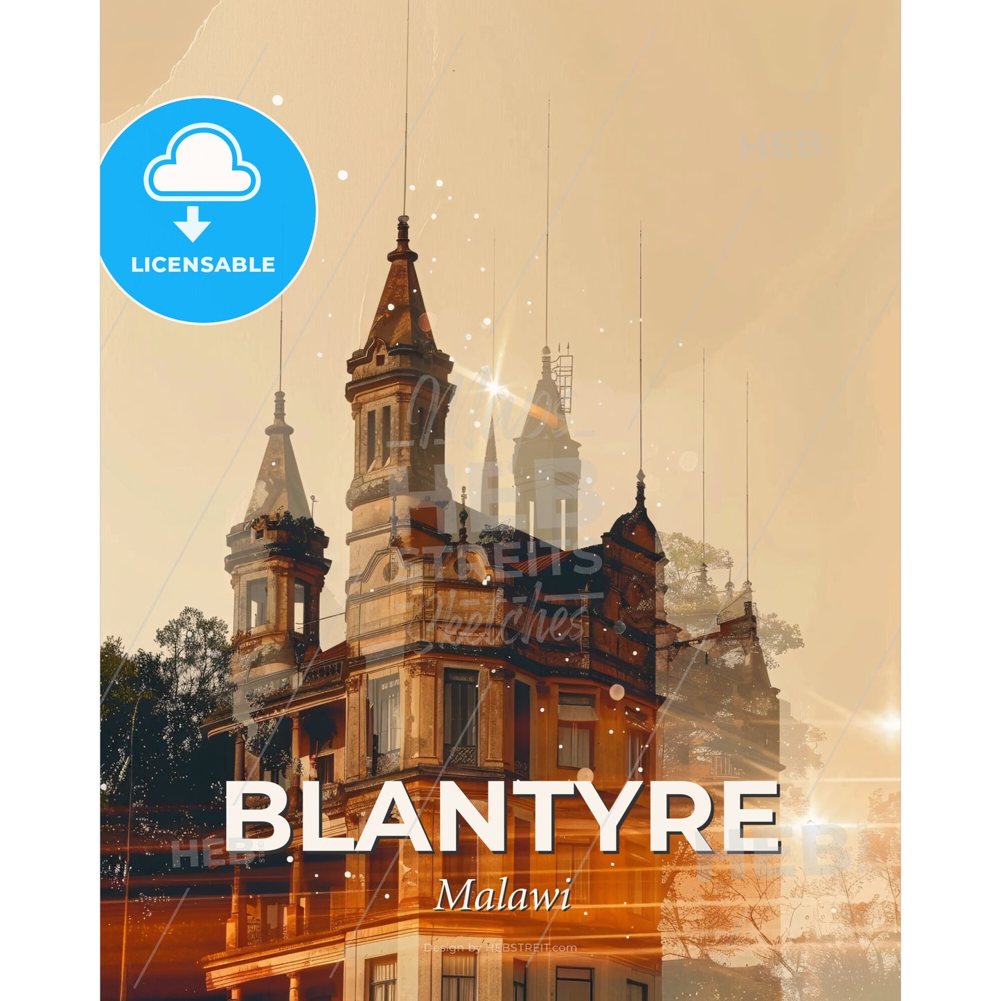 Blantyre Skyline Double Exposure Poster Art - A building with towers and trees - Square format print template