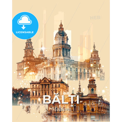 Balti Moldova City Lights Panorama Artwork - A group of buildings with towers - Square format print template